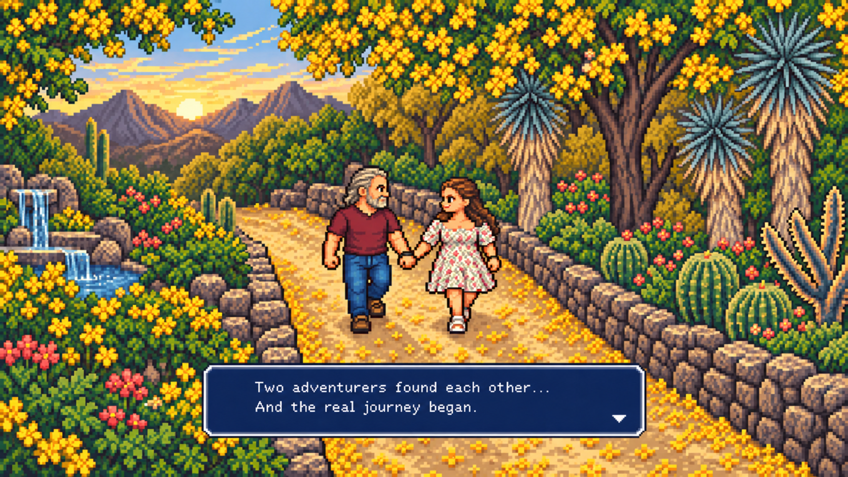 Pixel art illustration of us walking together through a fantasy landscape